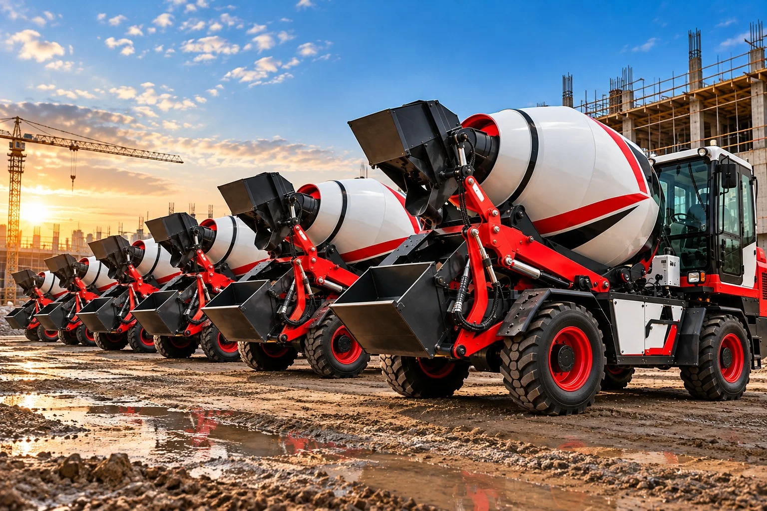 Imagem ilustrativa de autobetoneira autocarregável vermelha, preta e branca